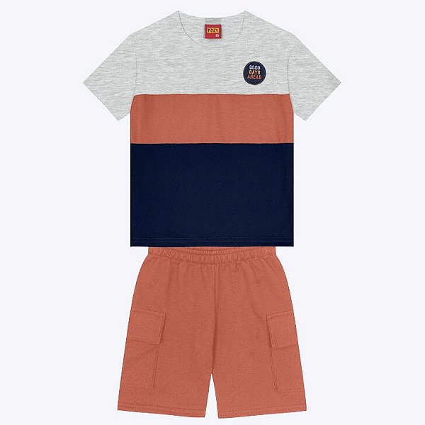 Conjunto Camiseta Manga Curta Recorte e Bermuda Moletom Flamê Infantil Menino Kyly 1000471
