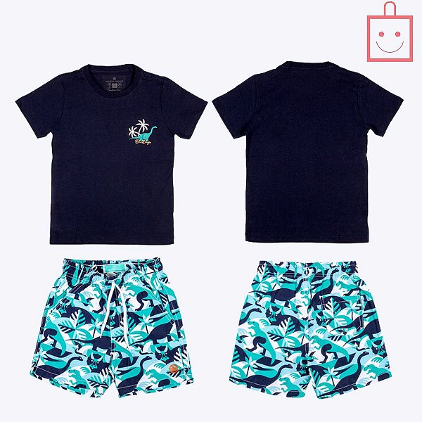 Conjunto Camiseta Manga Curta e Bermuda Microfibra Dinossauro Infantil Menino Banana Danger 50203