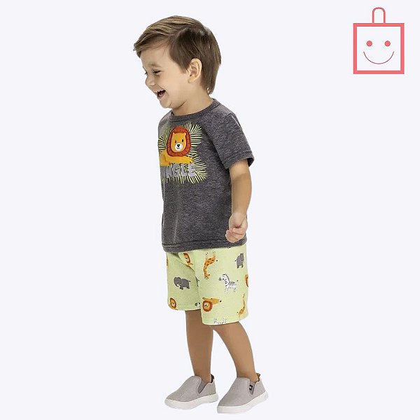 Conjunto Camiseta Manga Curta e Bermuda Leão Selva Infantil Menino Kyly 1000587
