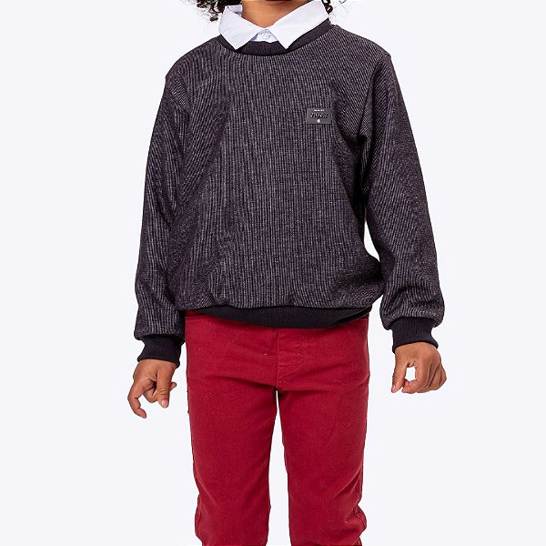 Conjunto Camisa Manga Longa com Blusa Cinza e Calça Sarja Infantil Menino Kyly 3002