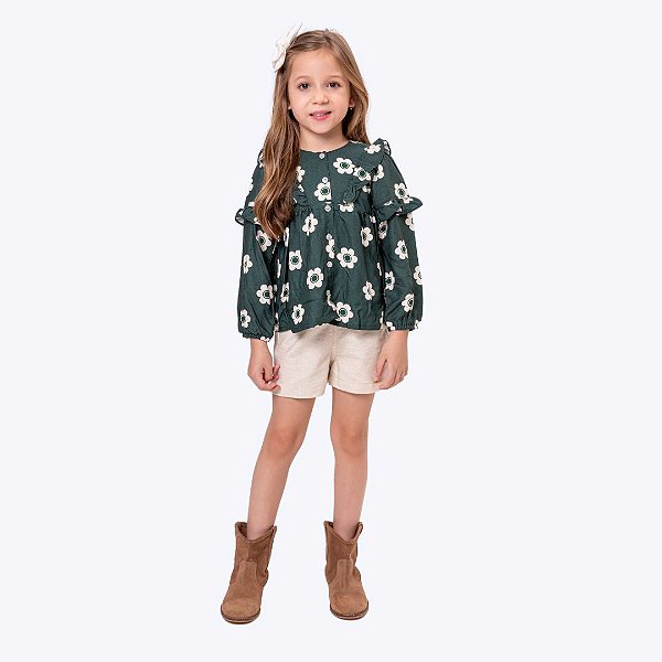 Conjunto Blusa Manga Longa Flores e Shorts Bege Infantil Menina Vigat 4006