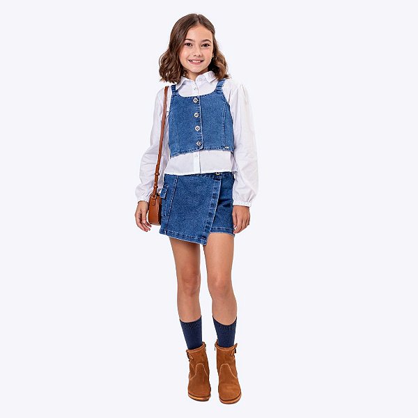 Conjunto Blusa Social Manga Longa com Colete Jeans de Alça e Shorts-Saia Jeans Infantil Menina Vigat 7008