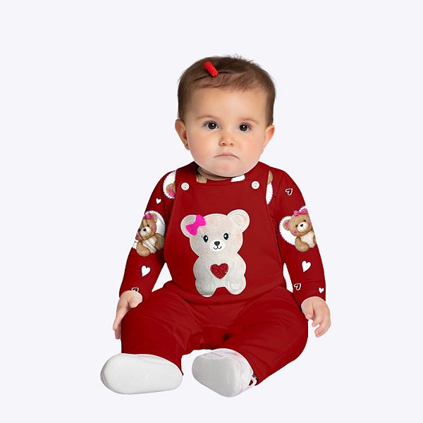 Jardineira Com Body Manga Longa Ursinho Bebê Menina Kyly 1000709 Vermelho