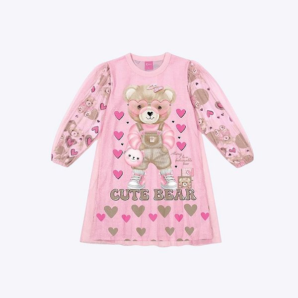 Vestido Manga Longa com Tule Rosa Ursinho Infantil Menina Mundo Cinti 12411