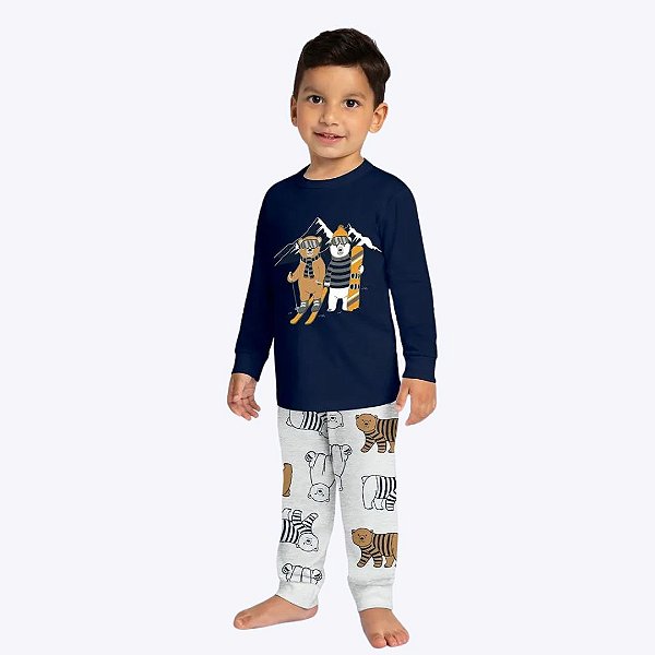 Pijama Manga Longa Brilha No Escuro Ursinho Infantil Menino Kyly 1000876 Azul Marinho