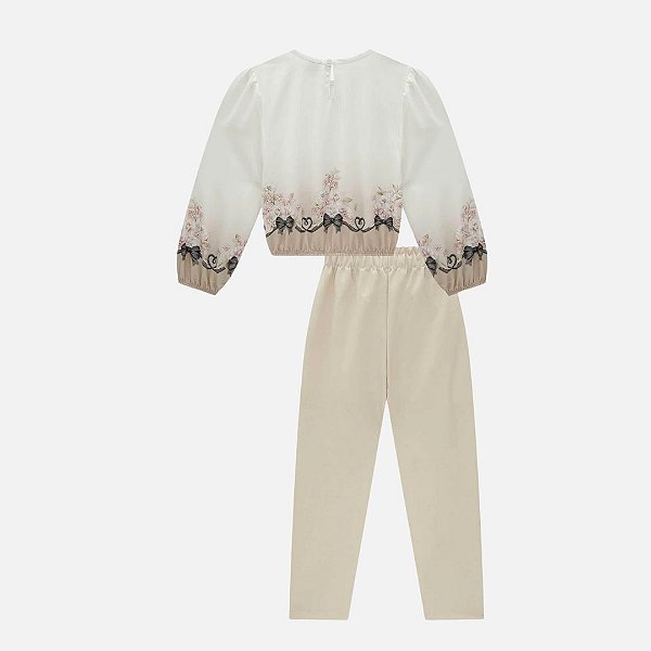 Conjunto Blusa Bata Boxy Em Visco Twill E Calça Em Malha Twill Brilho Infantil Menina Infanti 80148 Offwhite