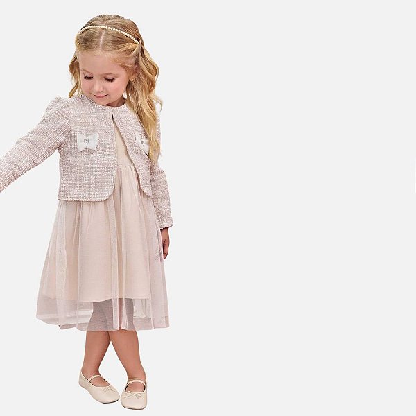 Vestido Em Malha Twill Brilho E Tule Com Bolero Em Malha Tweed Brilho Infantil Menina Infanti 80559 Rosa