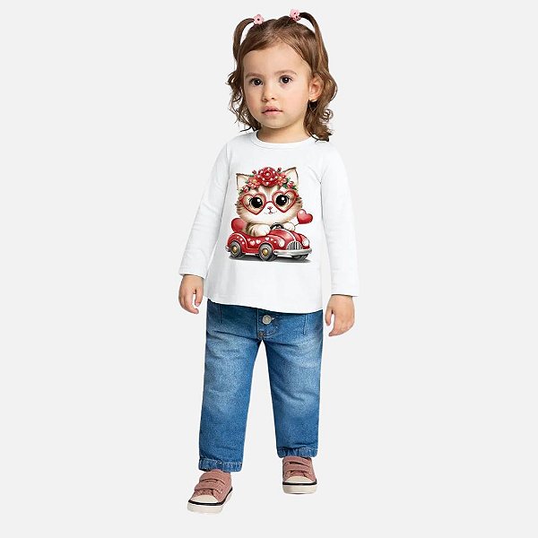Blusa Manga Longa Gatinha Infantil Menina Kyly 1000726 Branco