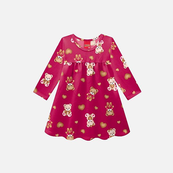 Vestido Manga Longa Ursinho Infantil Menina Kyly 1000730 Magenta