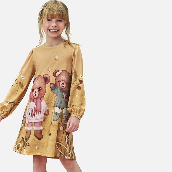 Vestido Manga Longa Ursinho Malha Fresh Infantil Menina Infanti 79239 Mel