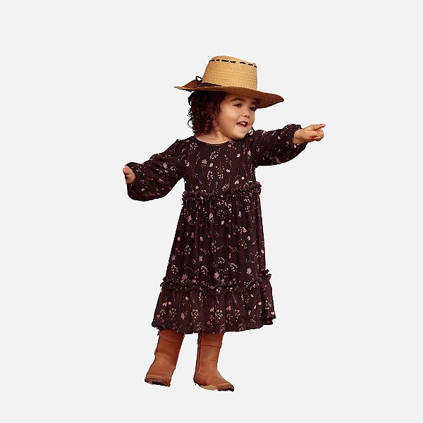 Vestido Manga Longa Flower Tule Sublimado Infantil Menina Have Fun 29423 Preto