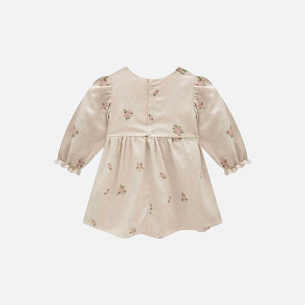 Vestido Manga Longa Em Linho Bordado Flores Bebê Menina Infanti 79370 Bege