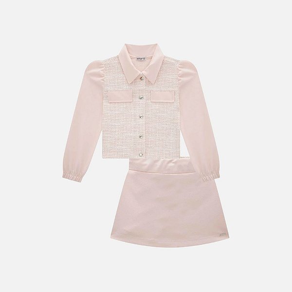 Conjunto De Jaqueta Boxy E Shorts-Saia Em Malha Twill Brilho Infantil Menina Infanti 79807 Rosa