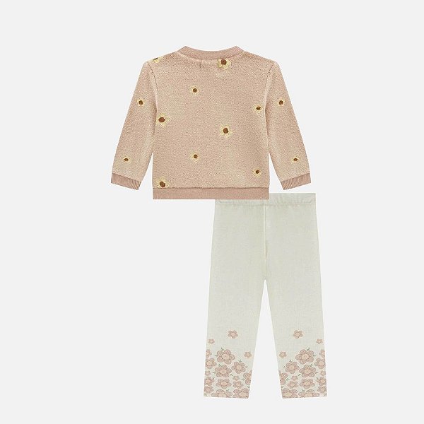 Conjunto Blusa Manga Longa Em Pelo Bordado E Calça Legging Em Termoskin Peluciado Bebê Menina Infanti 79595 Rose