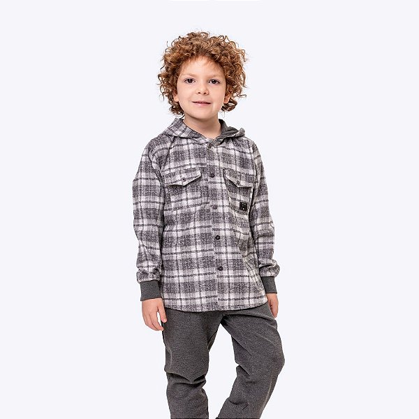 Conjunto Camisa Xadrez Moletom com Capuz e Calça Moletom Cinza Infantil Menino Vigat 3006