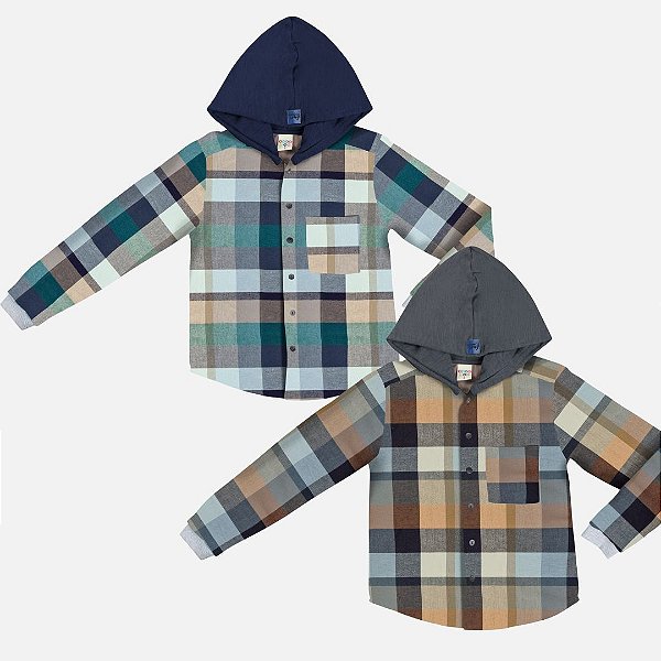 Camisa Xadrez Manga Longa Com Capuz Infantil Menino Have Fun 29543 Cinza Claro