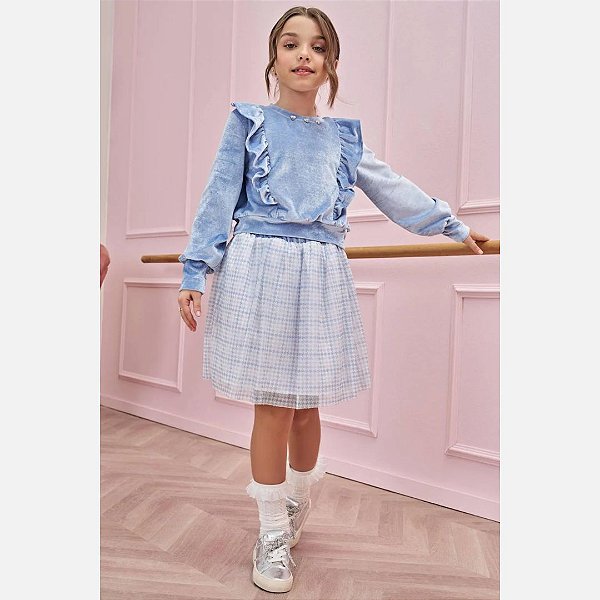 Conjunto Blusa Manga Longa Veludo Azul  e Saia em Tule com Shorts Embutido Infantil Menina Infanti 79780