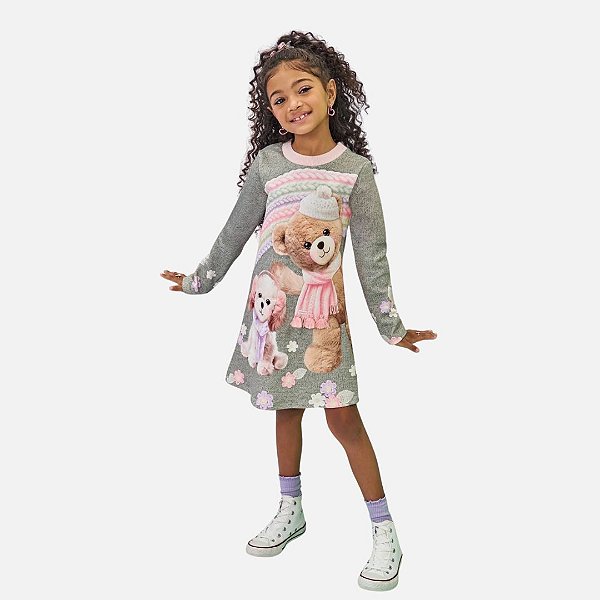 Vestido Manga Longa Verde Ursinho Fly Tech Infantil Menina Infanti 79241
