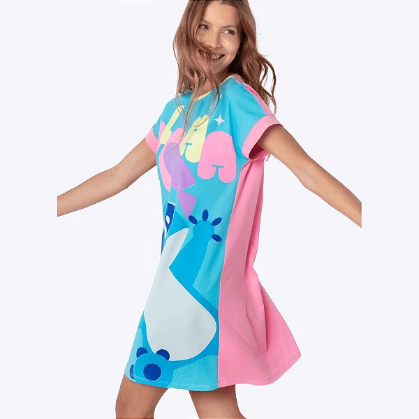 Camisola Manga Curta Stitch Viscolycra Adulto Feminina Puket 030602864 Azul