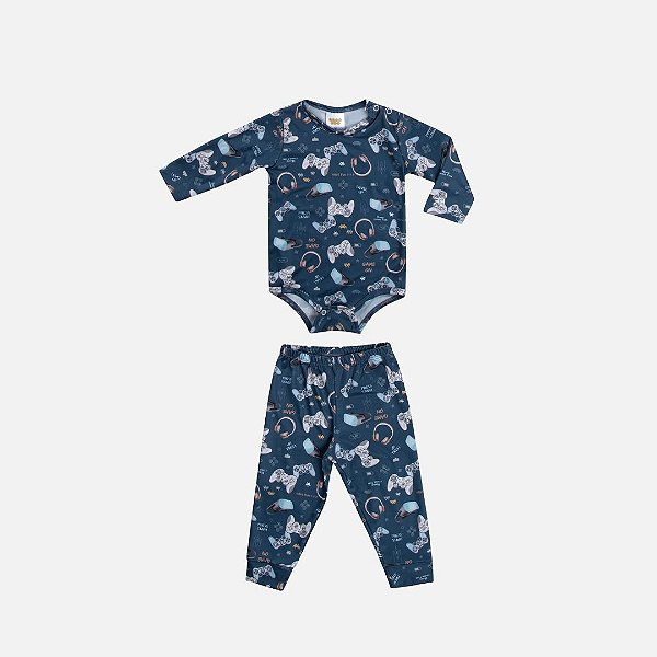 Pijama Body E Calça Malha Térmica Sublimada Bebê Have Fun 29578 Offwhite