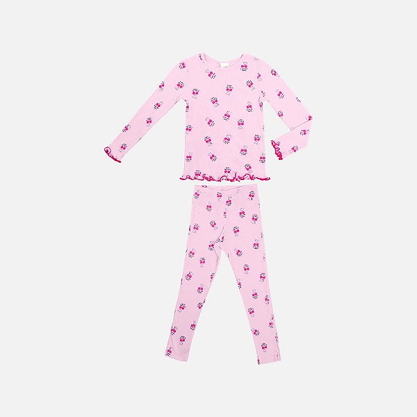 Pijama Blusa Manga Longa E Calça Ribana Canelada Infantil Menina Have Fun 29584 Branco