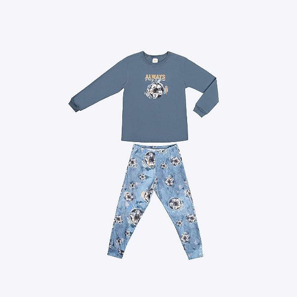 Pijama Futebol Camiseta Manga Longa Meia Malha E Calça Malha Térmica Sublimada Infantil Menino Have Fun 29594 Azul