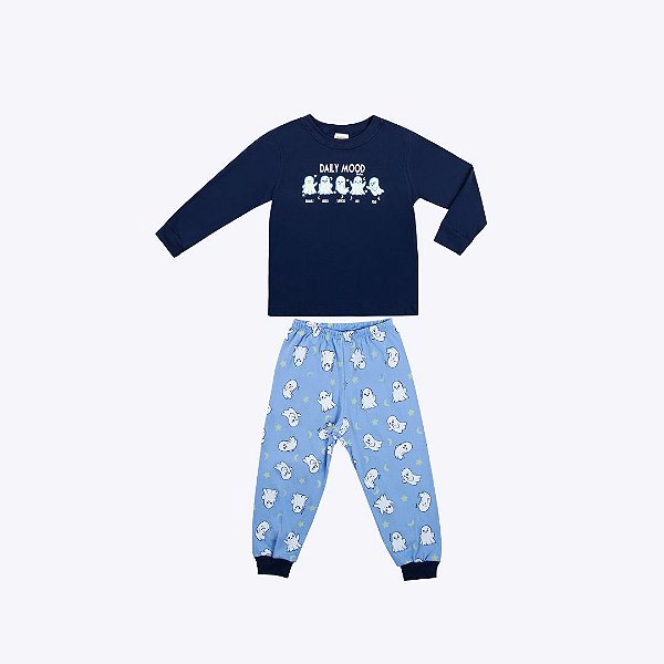 Pijama Brilha No Escuro Camiseta Manga Longa E Calça Meia Malha Infantil Menino Have Fun 29597 Azul