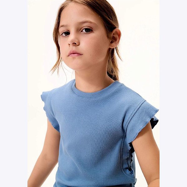 Blusa Manga Curta em Ribana Azul Infantil Menina Hering Kids 5DV5A5HEN