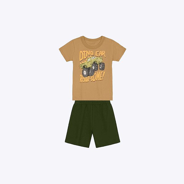Conjunto Camiseta Manga Curta Dino Car E Bermuda Moletinho Infantil Menino Brandili 26675 Laranja