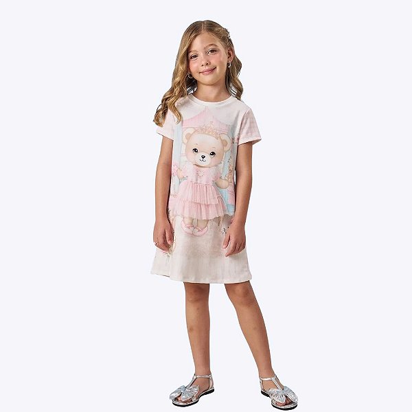 Vestido Manga Curta Molecotton Ursinha Infantil Menina Infanti 82831 Offwhite