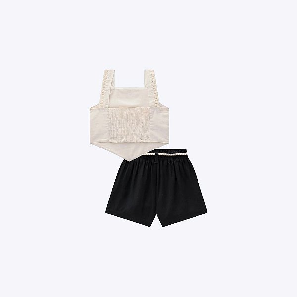 Conjunto De Blusa Cropped Em Linho Deluxe Com Shorts Em Sarja Com Elastano Infantil Menina Infanti 85227 Bege