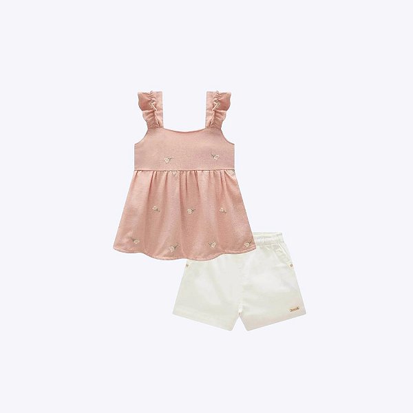 Conjunto De Bata Em Linho Bordado Flores E Shorts Em Sarja Com Elastano Bebê Menina Infanti 83947 Rosa