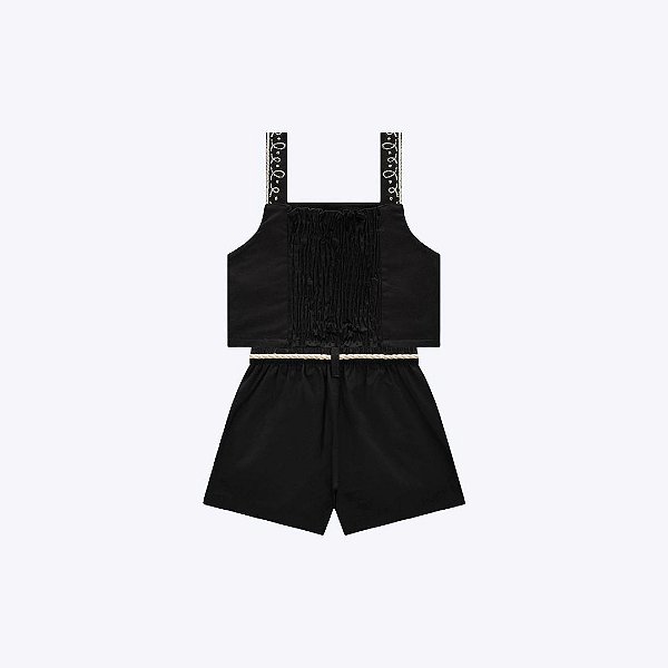 Conjunto Top Cropped E Shorts Em Sarja Com Elastano Juvenil Menina Vic&Vicky  84910 Preto