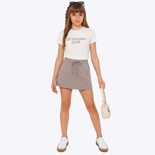Conjunto Blusa Em Canelado Liz E Short Saia Em Sarja Com Elastano Juvenil Menina Vic&Vicky  83923 Offwhite