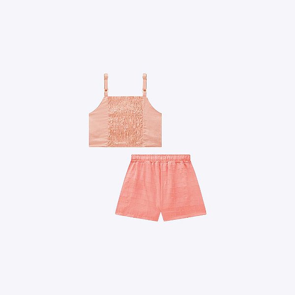 Conjunto Blusa Cropped Em Viscolinho E Shorts Em Tecido Grid Chenille Juvenil Menina Vic&Vicky  83711 Coral