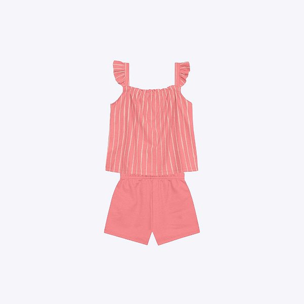 Conjunto Blusa De Alcinha Listrada E Shorts Malha Lisa Infantil Menina Brandili 26614 Natural