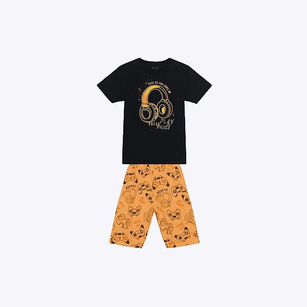 Conjunto Camiseta Manga Curta Game Music E Bermuda Estampada Infantil Menino Brandili 26688 Cinza