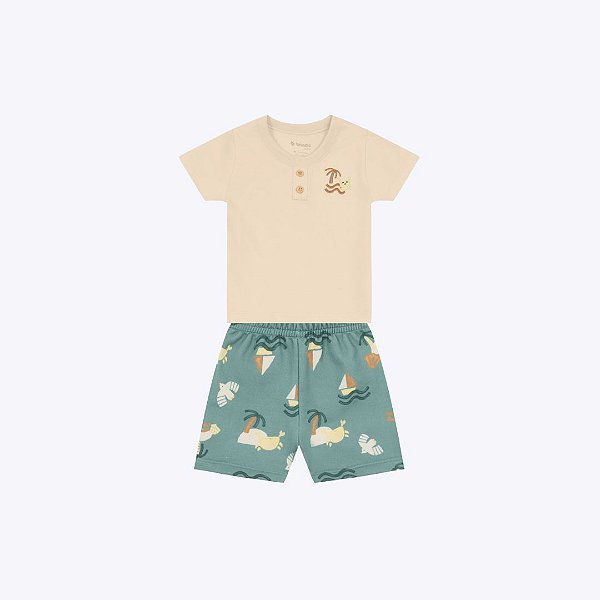 Conjunto Camiseta Manga Curta Com Botões E Bermuda Estampada Bebê Menino Brandili 26811 Cinza Claro