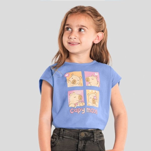 Blusa Manga Curta Capivara Infantil Menina Brandili 26953 Azul