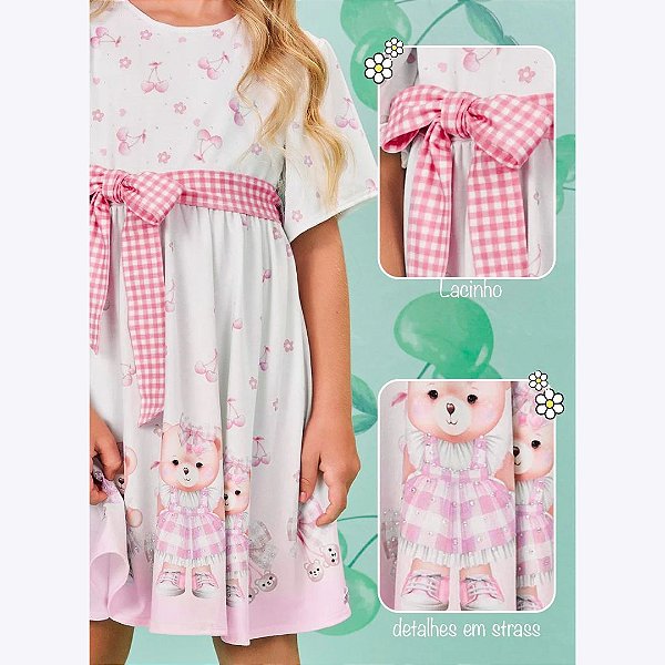 Vestido Manga Curta Ursinho Infantil Menina Mundo Cinti 12502 Rosa