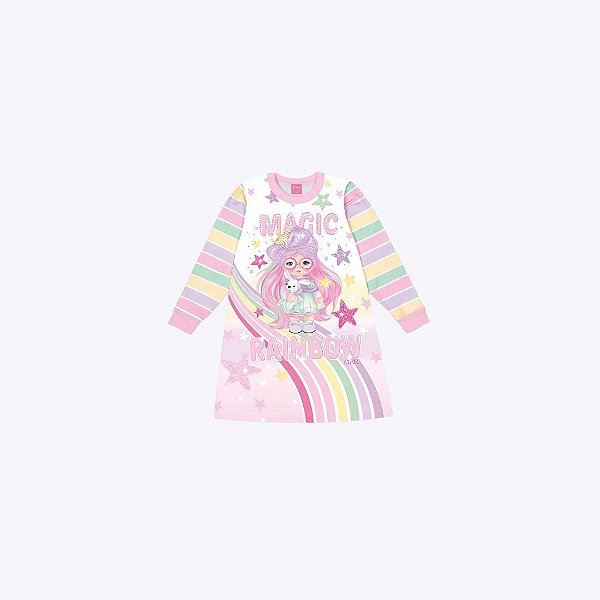 Vestido Manga Longa Magic Rainbow Rosa Infantil Menina Mundo Cinti 12321