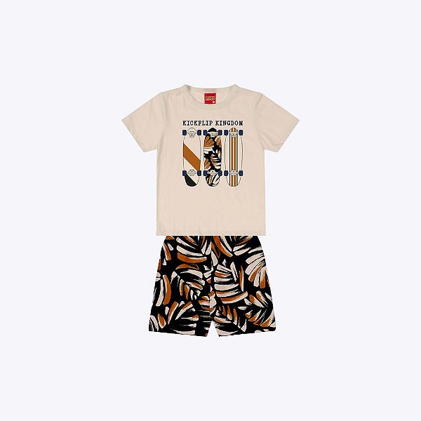 Conjunto Camiseta Manga Curta E Bermuda Moletom Infantil Menino Kyly 1001082 Mescla White