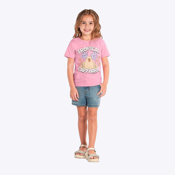 Blusa Manga Curta Capivara Tropical Infantil Menina Brandili 26950 Natural