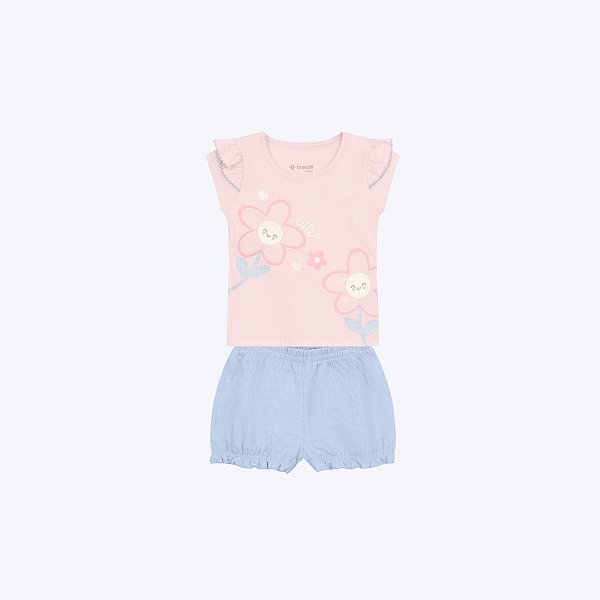 Conjunto Blusa Manga Curta E Shorts Bebê Menina Brandili 26833 Rosa Claro