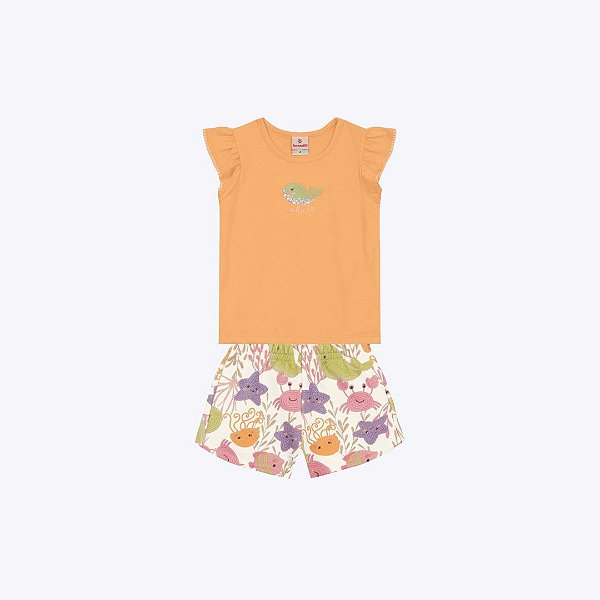 Conjunto Blusa Manga Curta E Shorts Estampado Infantil Menina Brandili 26584 Natural