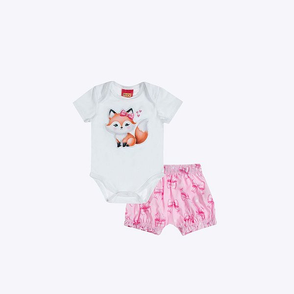 Conjunto Body Manga Curta Raposa E Shorts Bebê Menina Kyly  1001127 Rose