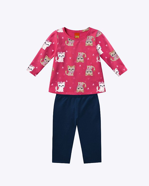 Conjunto Blusa Manga Longa Gatinhos e Calça Legging Infantil Feminino Kyly P1001505