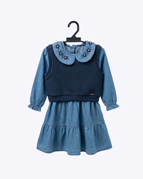 Vestido Manga Longa Jeans com Colete Infantil Feminino Vigat 4101