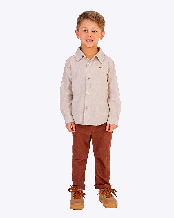 Conjunto Camisa Social Manga Longa Bege e Calça Sarja Marrom Infantil Masculino Vigat 3192