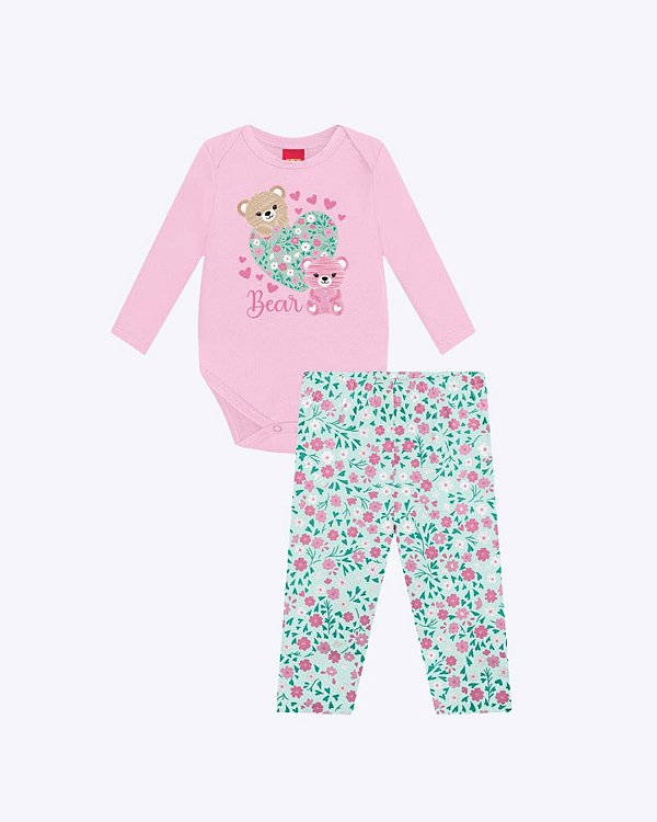 Conjunto Body Manga Longa e Calça Legging Flores Bebê Menina Kyly 1001475